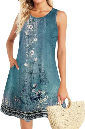 BAXLIMEK Sundresses for Women,2025 Spring Summer Trendy Floral Print Beach Dress Casual Loose Tank Mini Dress with Pockets