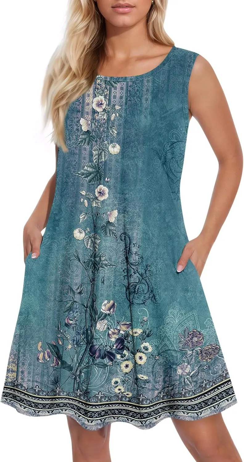 BAXLIMEK Sundresses for Women,2025 Spring Summer Trendy Floral Print Beach Dress Casual Loose Tank Mini Dress with Pockets