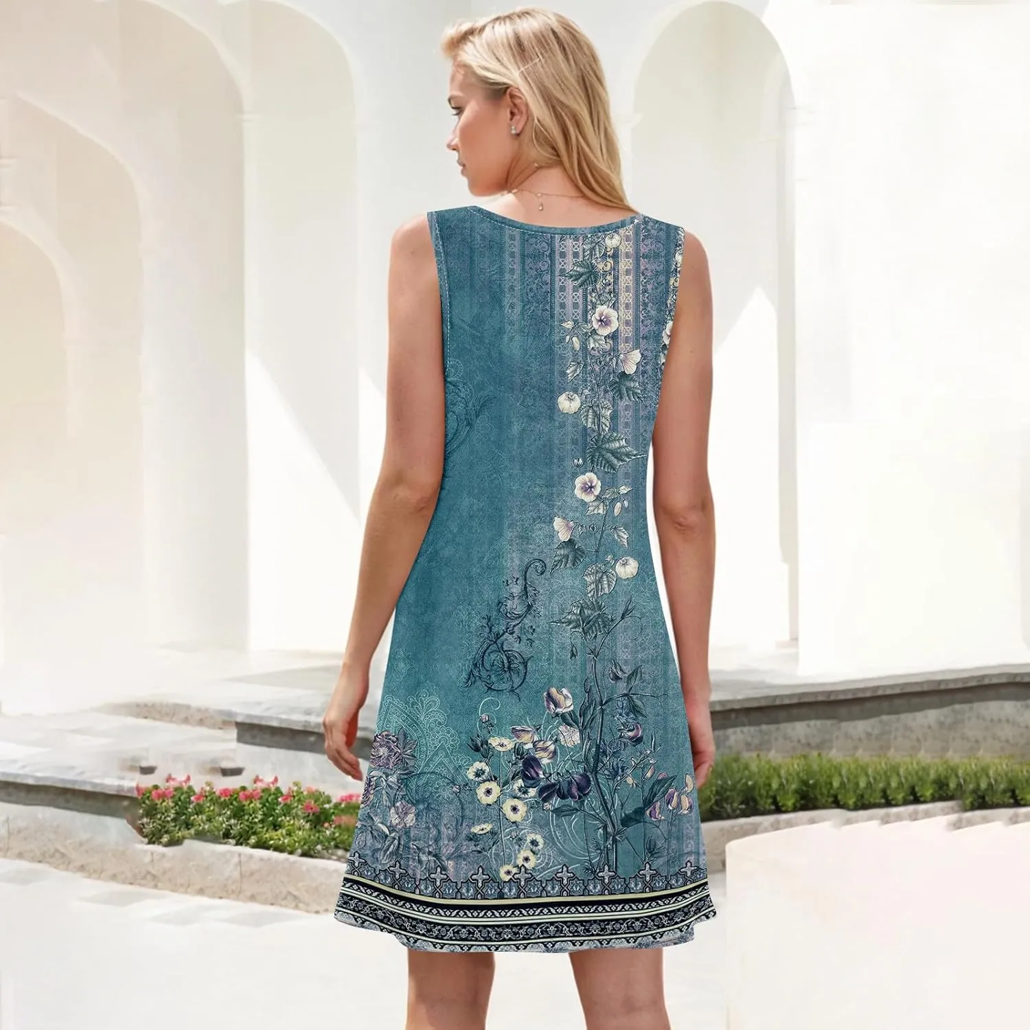 BAXLIMEK Sundresses for Women,2025 Spring Summer Trendy Floral Print Beach Dress Casual Loose Tank Mini Dress with Pockets