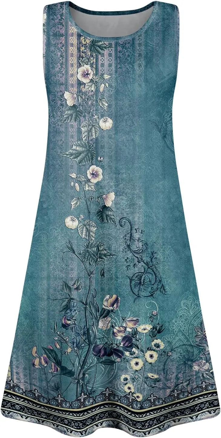 BAXLIMEK Sundresses for Women,2025 Spring Summer Trendy Floral Print Beach Dress Casual Loose Tank Mini Dress with Pockets