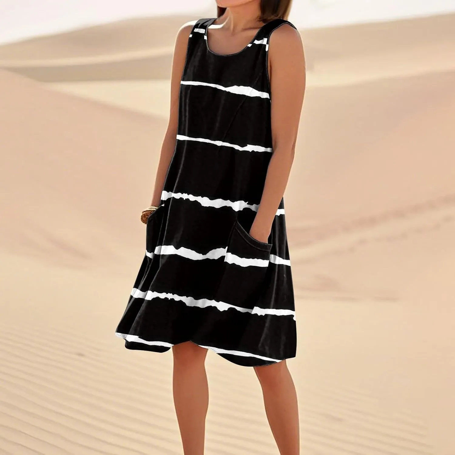 BAXLIMEK Sundresses for Women,2025 Summer Casual Loose U Neck Sleeveless Mini Dress,Trendy Print Flowy Ruched Beach Dress
