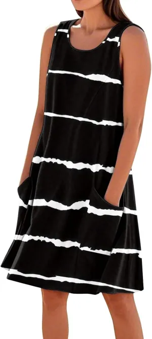 BAXLIMEK Sundresses for Women,2025 Summer Casual Loose U Neck Sleeveless Mini Dress,Trendy Print Flowy Ruched Beach Dress