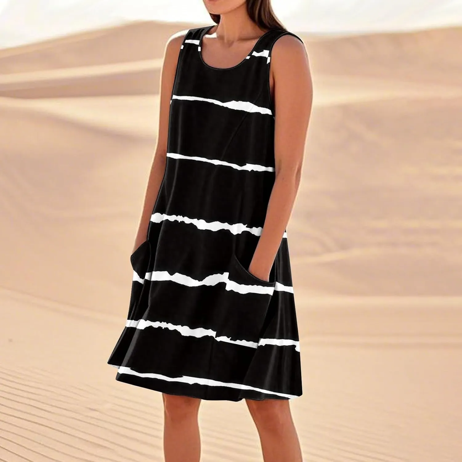 BAXLIMEK Sundresses for Women,2025 Summer Casual Loose U Neck Sleeveless Mini Dress,Trendy Print Flowy Ruched Beach Dress