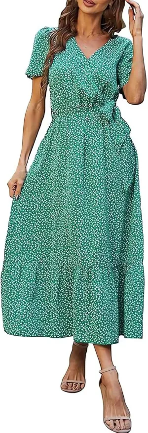 Beach Dresses for Women,2025 Spring Summer Trendy Floral Boho Dress,Elegant V Neck Flowy Ruched Vacation Maxidress
