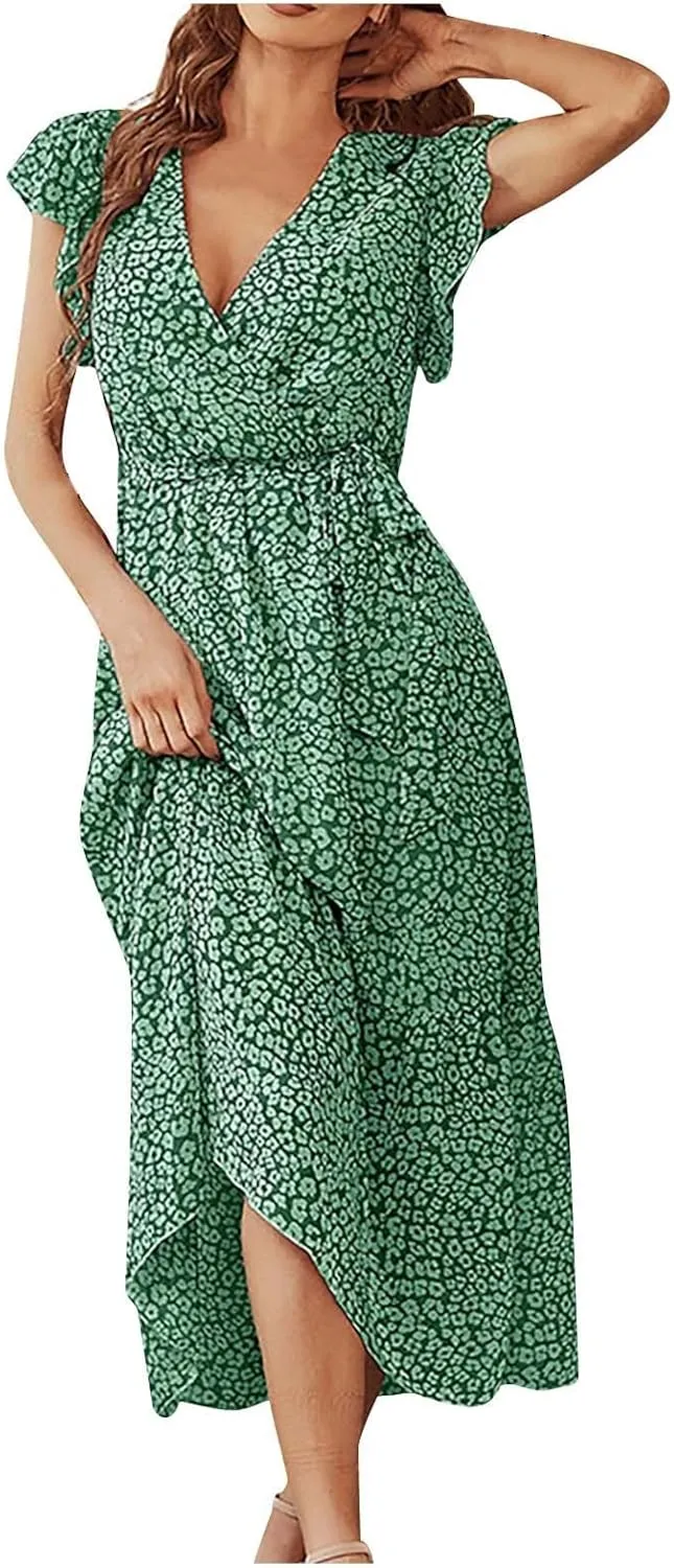 Beach Dresses for Women,2025 Spring Summer Trendy Floral Boho Dress,Elegant V Neck Flowy Ruched Vacation Maxidress