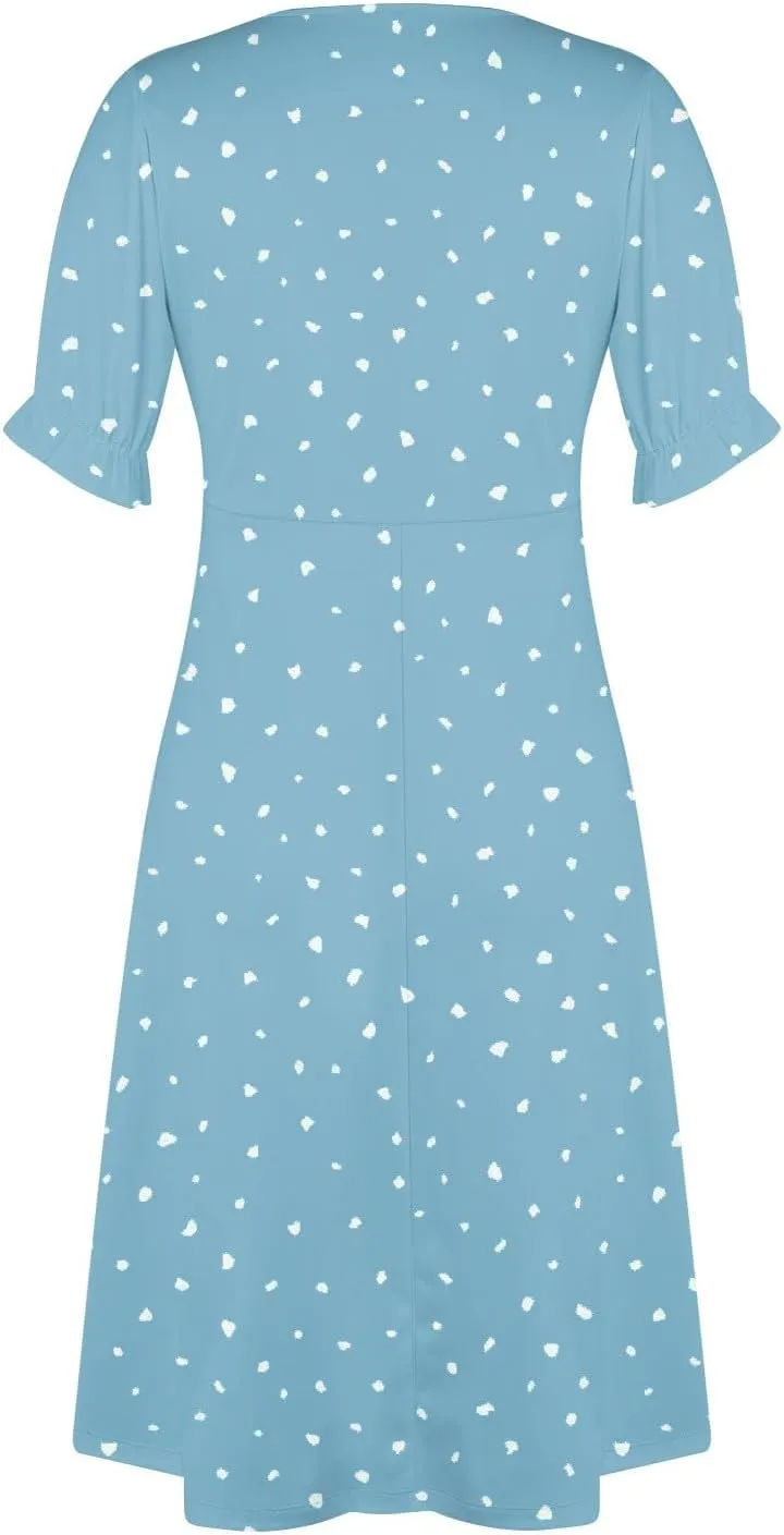 Beach Dresses for Women,2025 Spring Trendy Floral Boho Dress,Elegant V Neck Short Sleeve Irregular Hem Midi Dress