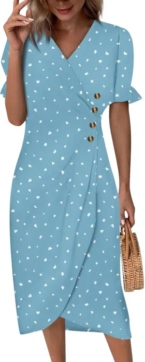 Beach Dresses for Women,2025 Spring Trendy Floral Boho Dress,Elegant V Neck Short Sleeve Irregular Hem Midi Dress