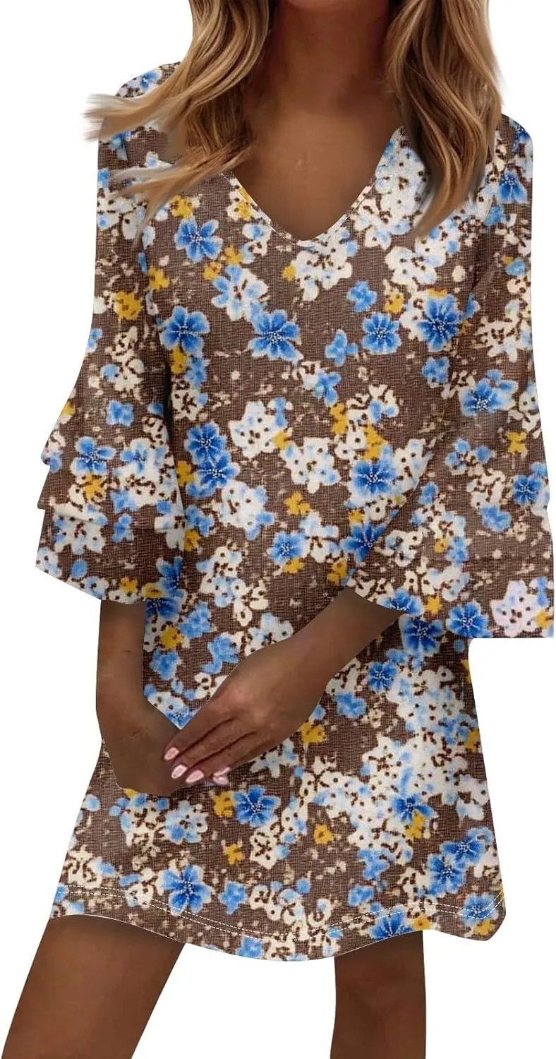 Beach Dresses for Women,2025 Summer Trendy Floral Print Boho Dress,Casual Loose V Neck Bell 3/4 Sleeve Mini Dress