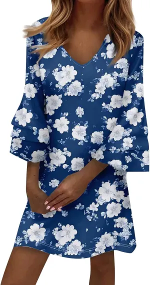 Beach Dresses for Women,2025 Summer Trendy Floral Print Boho Dress,Casual Loose V Neck Bell 3/4 Sleeve Mini Dress
