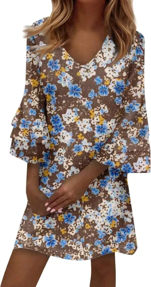 Beach Dresses for Women,2025 Summer Trendy Floral Print Boho Dress,Casual Loose V Neck Bell 3/4 Sleeve Mini Dress