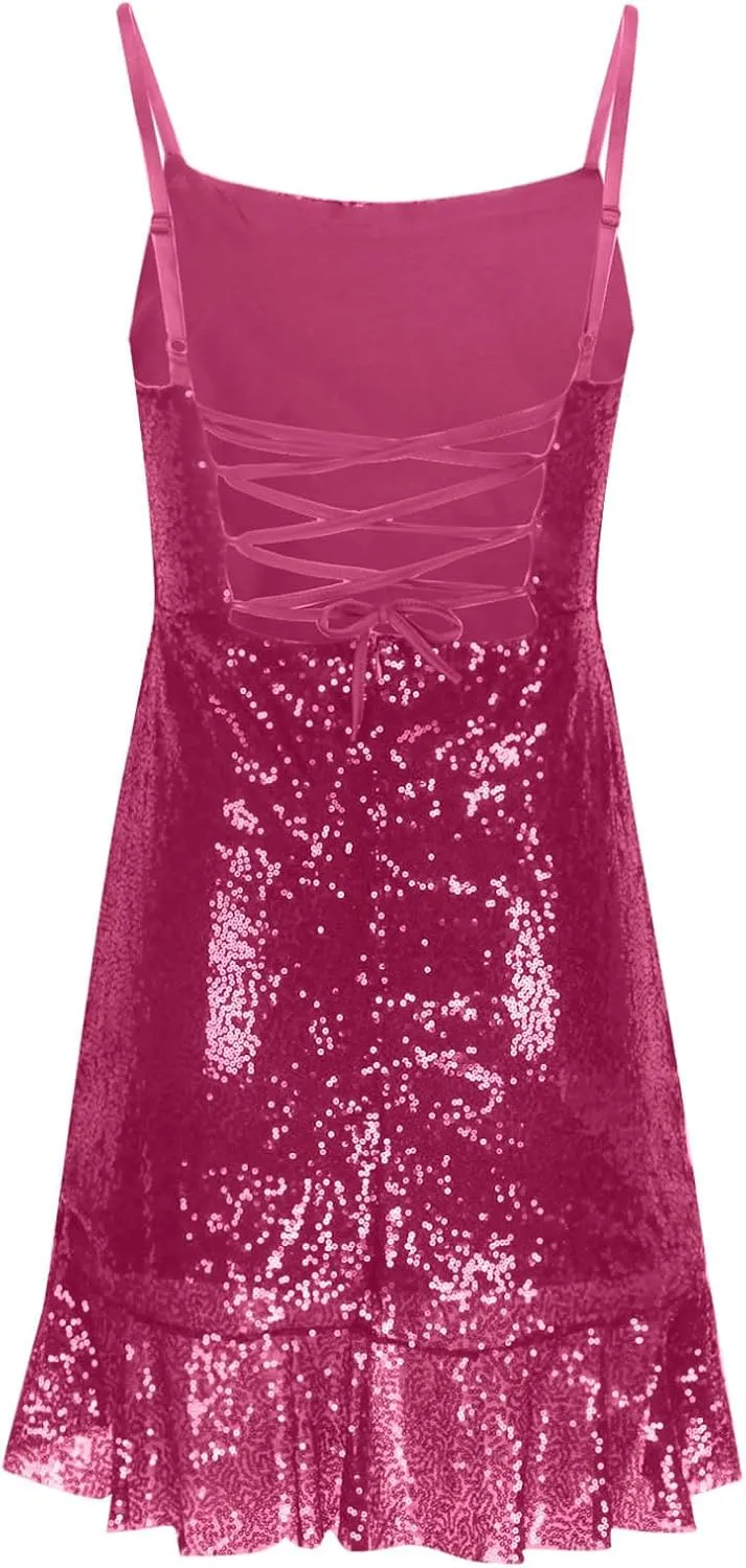 Binmer Women Sparkly Sequin Mini Dress Sexy Glitter Spaghetti Strap Backless Ruffle Hem Cami Short Mini Club Party Dresses