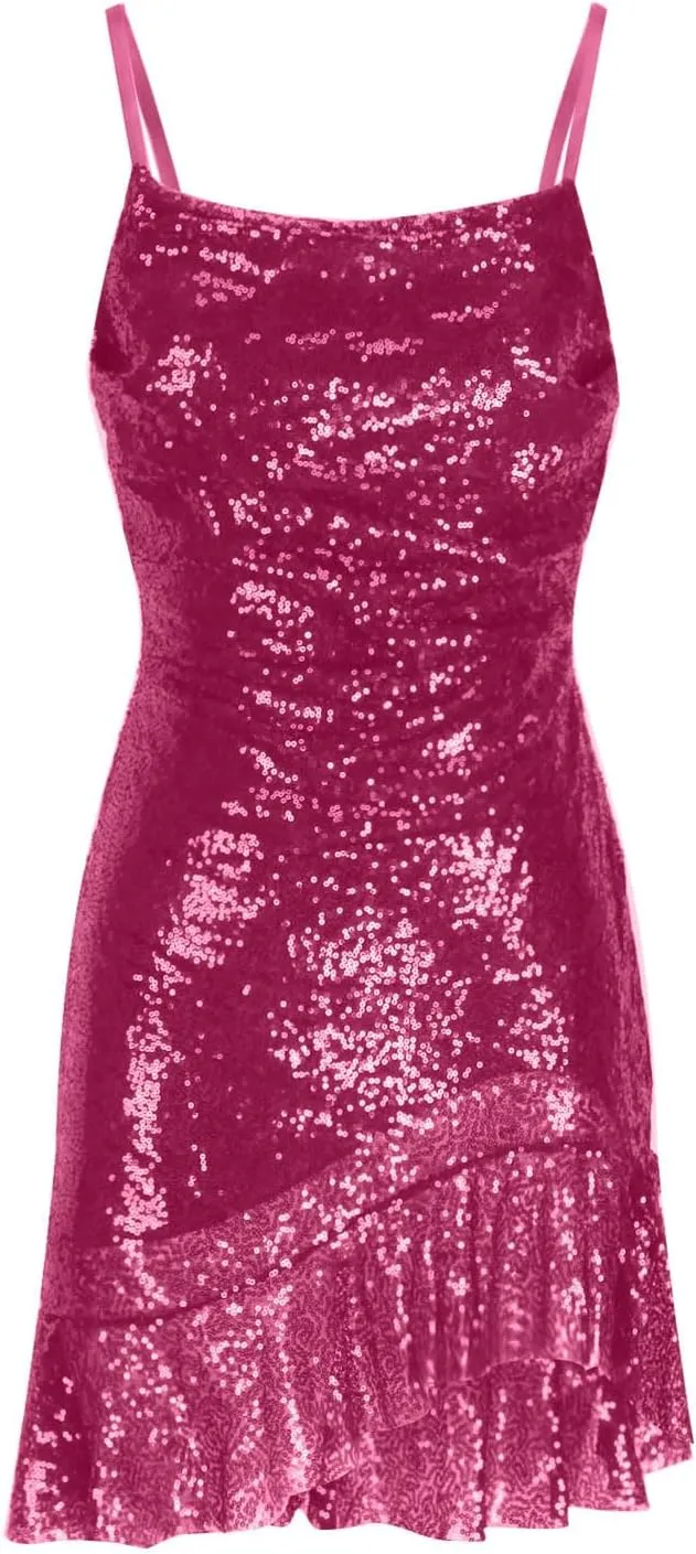 Binmer Women Sparkly Sequin Mini Dress Sexy Glitter Spaghetti Strap Backless Ruffle Hem Cami Short Mini Club Party Dresses