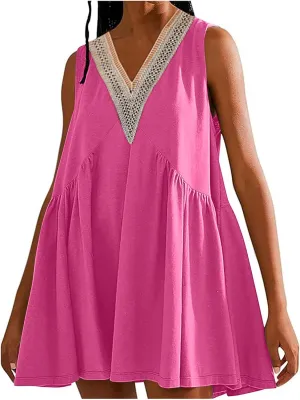 Binmer Women Summer Dresses 2024 Sleeveless Lace Crochet V Neck Sundress Casual Loose Pleated Flowy Swing Babydoll Mini Dress