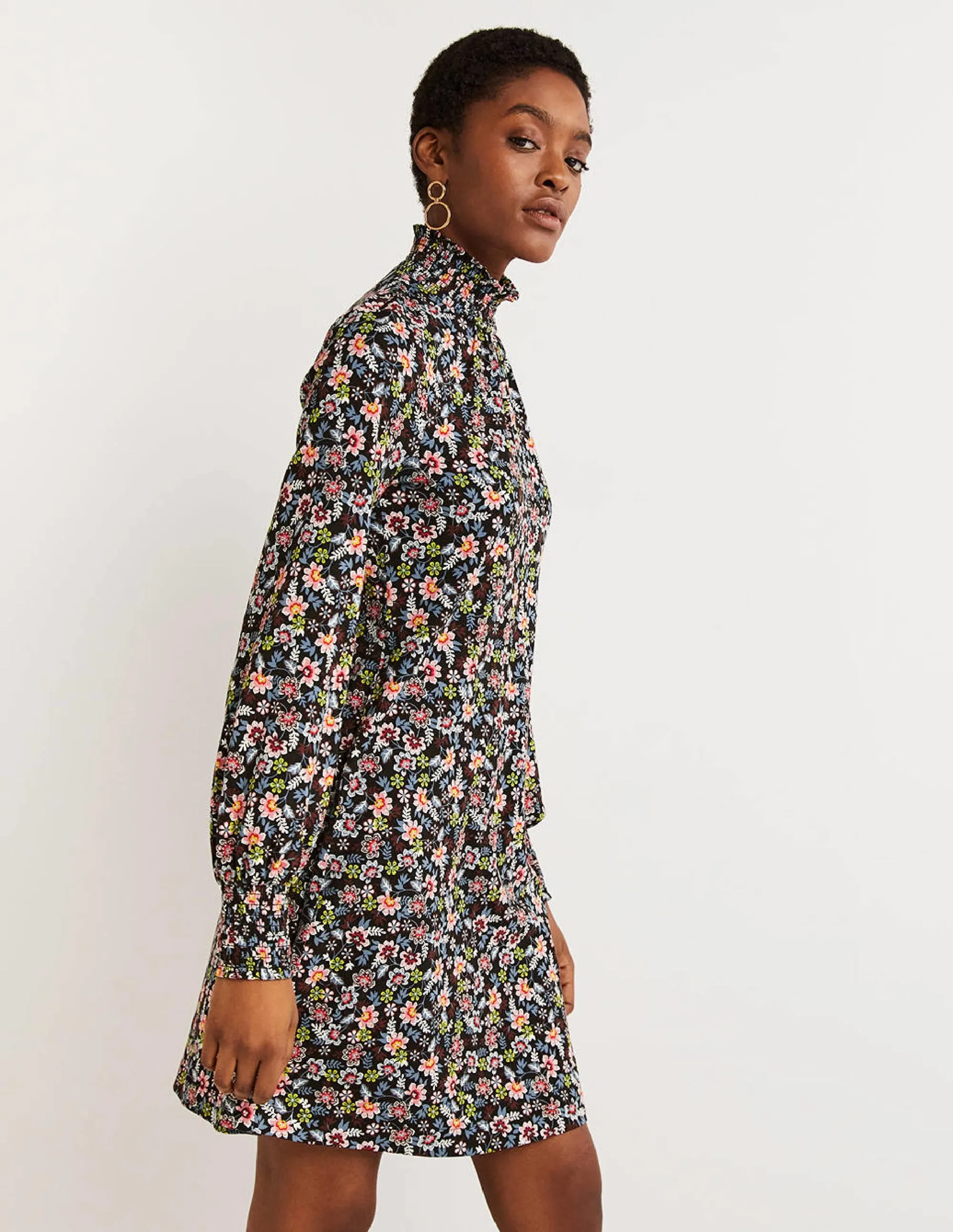 Black Floral High-Neck Shift Dress-Black, Opulent Leaf