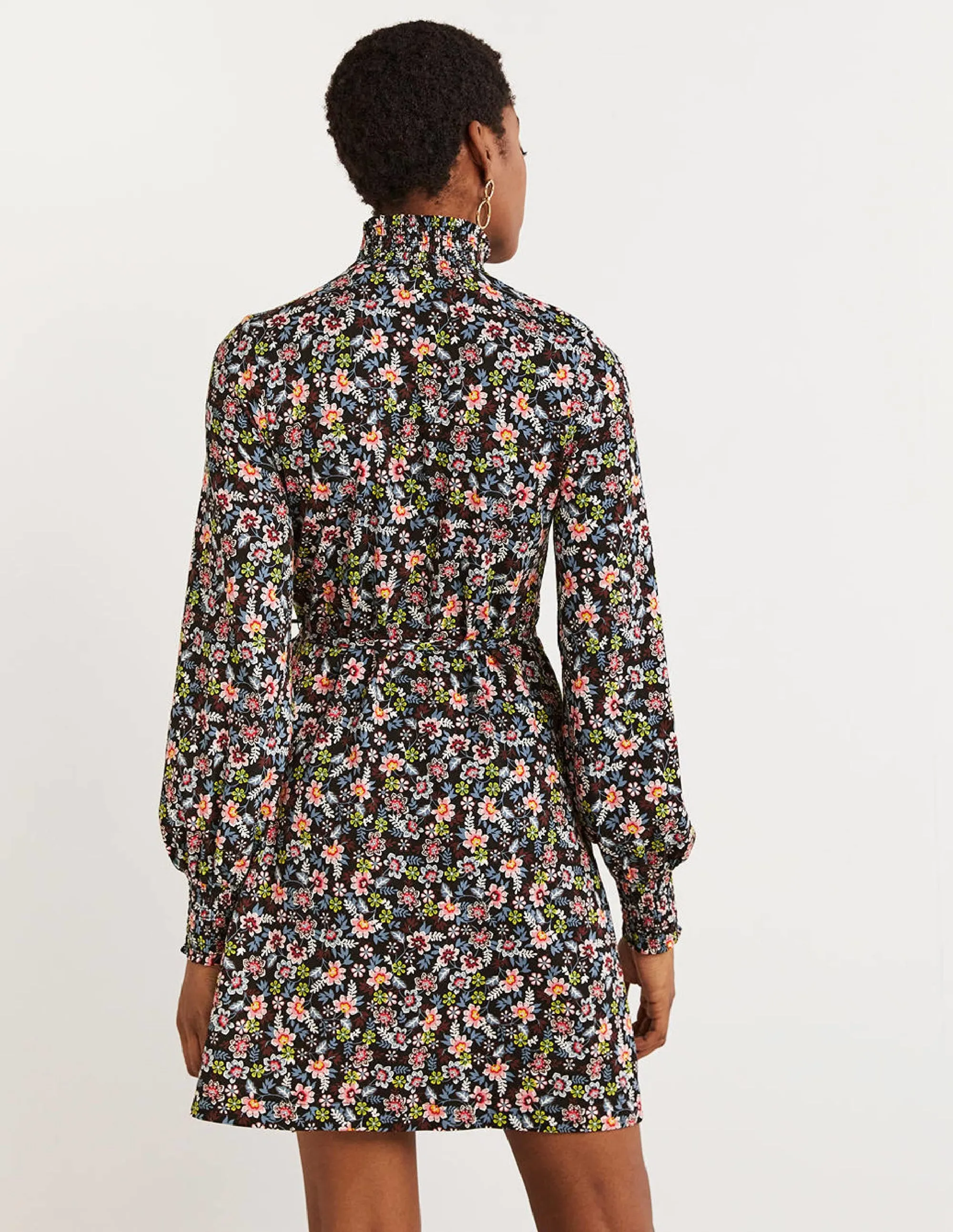 Black Floral High-Neck Shift Dress-Black, Opulent Leaf