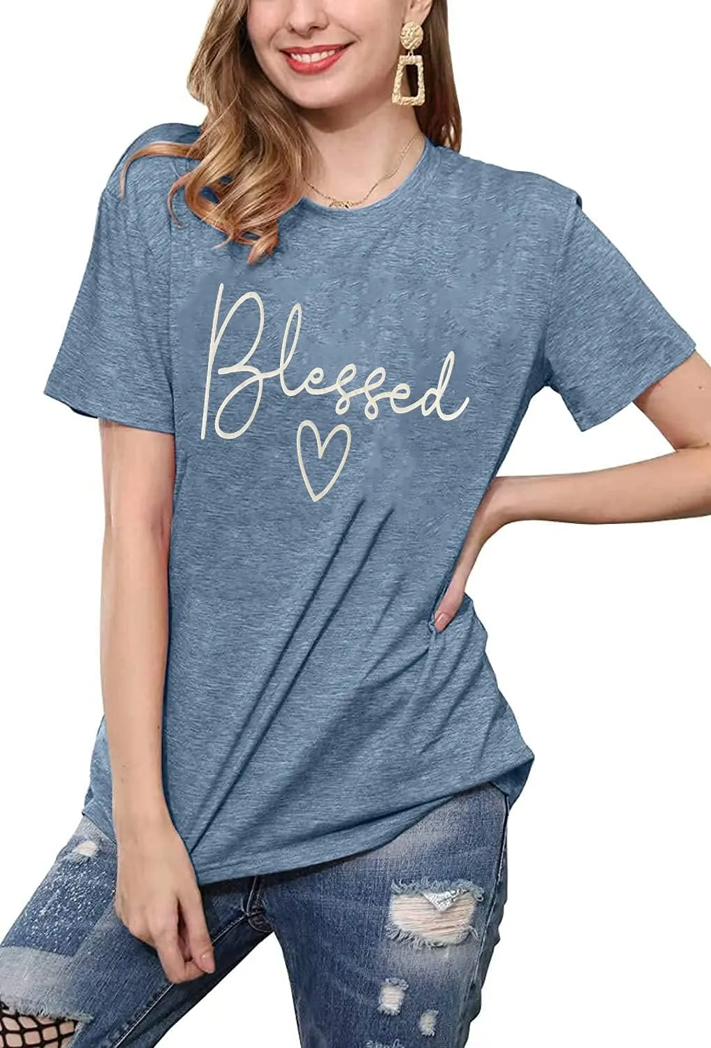 Blessed T-Shirt for Women Cute Heart Graphic Letter Print Sayings Shirts Casual Short Sleeve Thankful Tee Tops