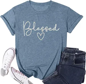 Blessed T-Shirt for Women Cute Heart Graphic Letter Print Sayings Shirts Casual Short Sleeve Thankful Tee Tops