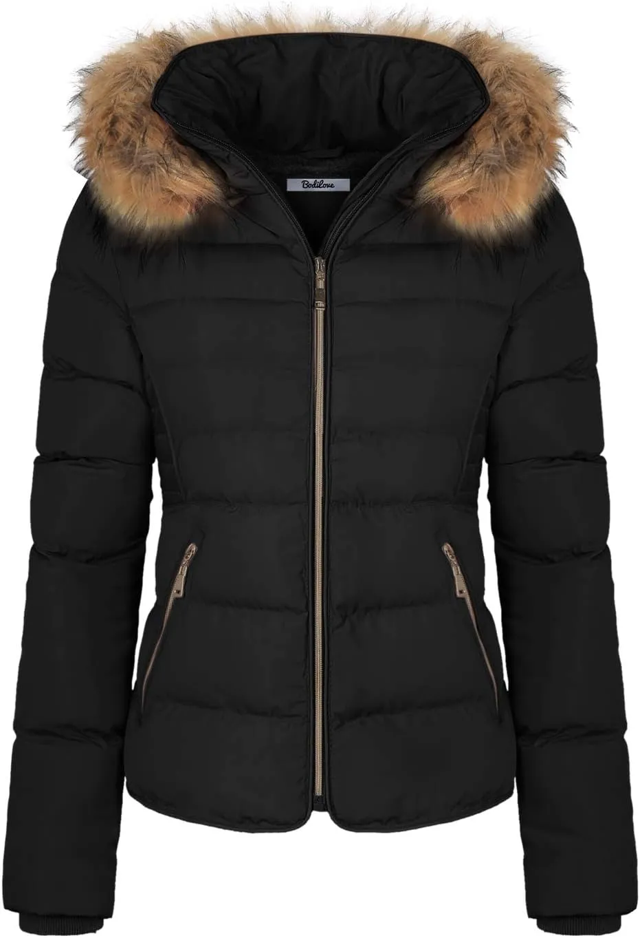 BodiLove Thickened Winter Puffer Jacket with Removable Faux Fur Hood Fleece Lining