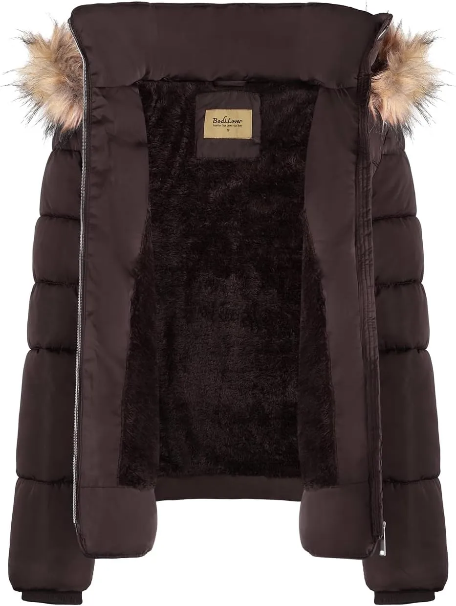BodiLove Thickened Winter Puffer Jacket with Removable Faux Fur Hood Fleece Lining