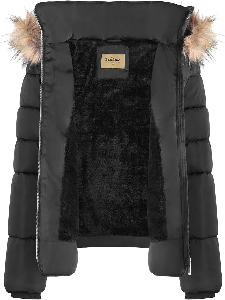 BodiLove Thickened Winter Puffer Jacket with Removable Faux Fur Hood Fleece Lining