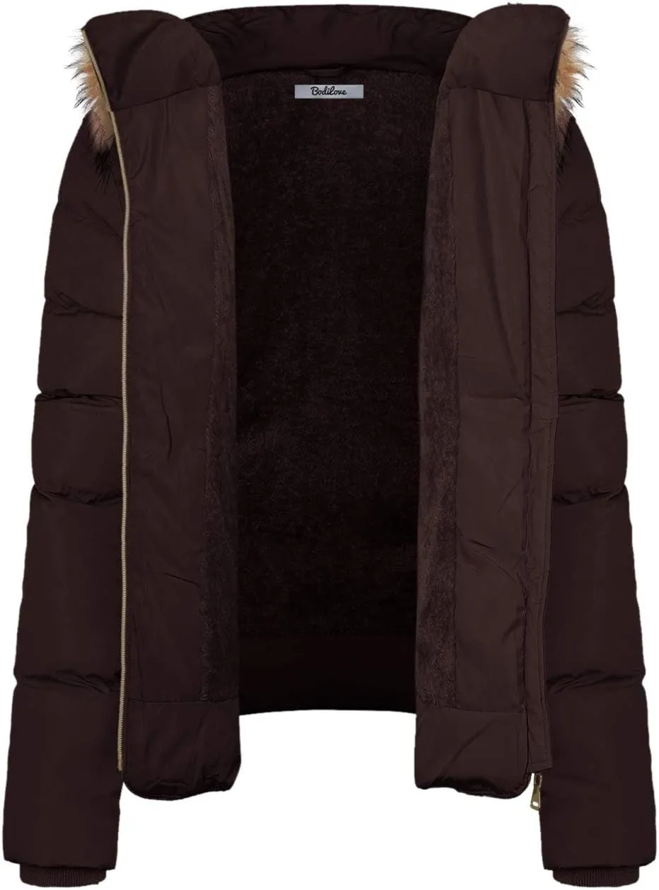 BodiLove Thickened Winter Puffer Jacket with Removable Faux Fur Hood Fleece Lining