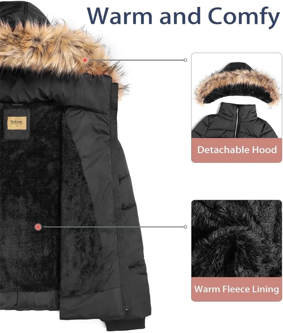 BodiLove Thickened Winter Puffer Jacket with Removable Faux Fur Hood Fleece Lining
