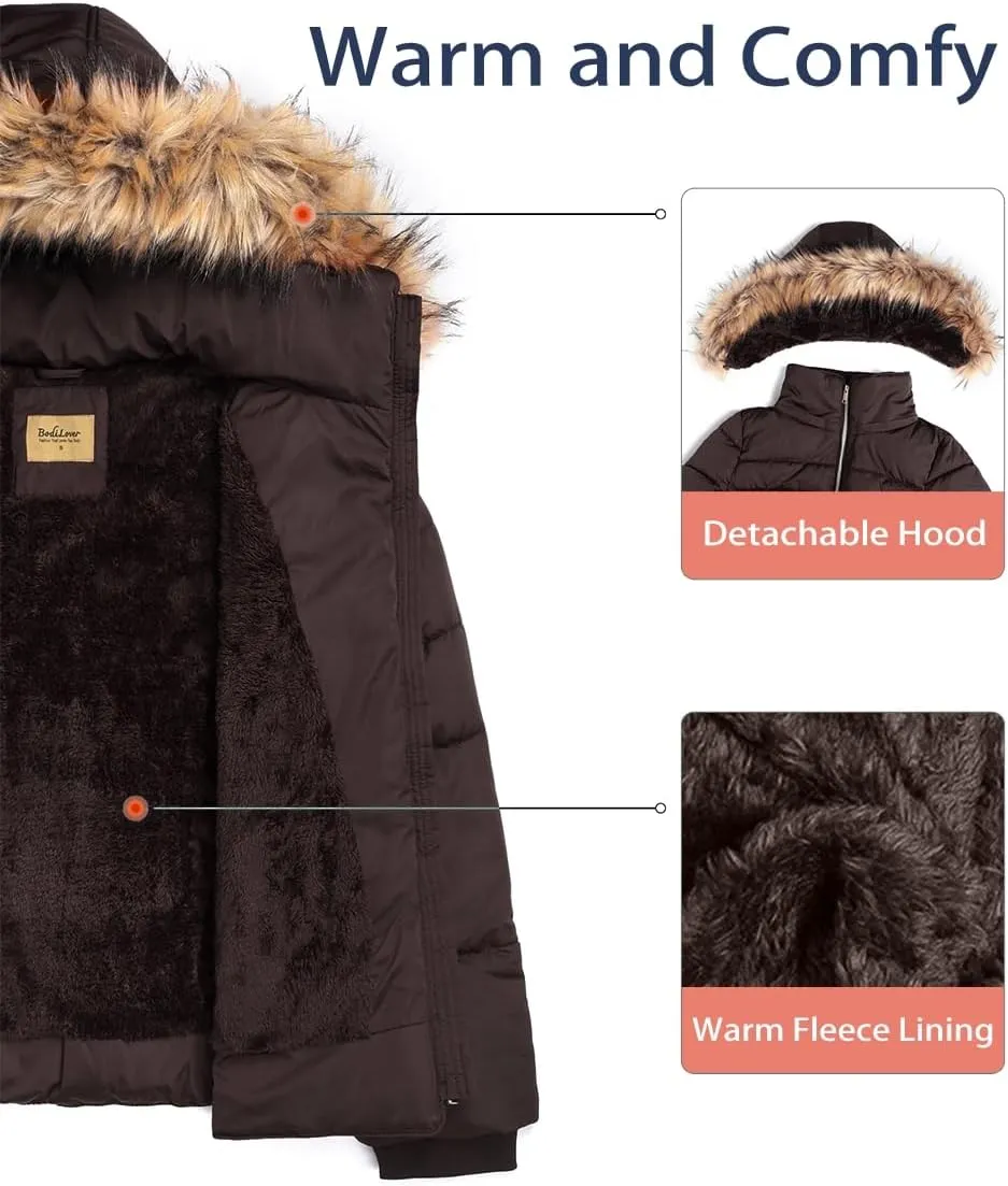 BodiLove Thickened Winter Puffer Jacket with Removable Faux Fur Hood Fleece Lining