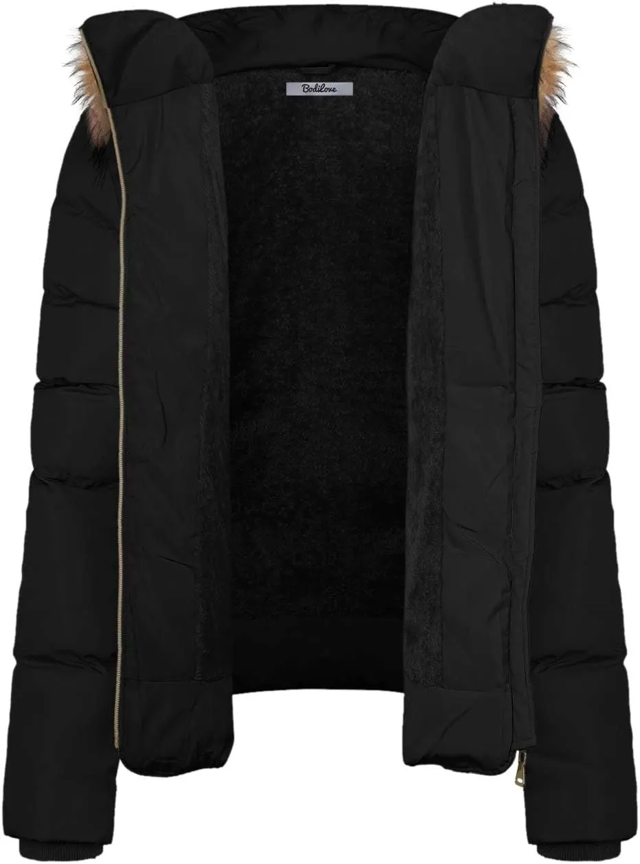 BodiLove Thickened Winter Puffer Jacket with Removable Faux Fur Hood Fleece Lining