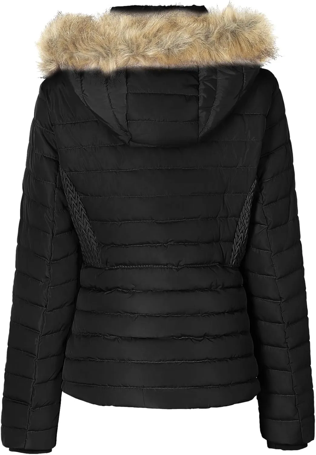 BodiLove Women's Belted Down Puffer Jacket with Faux Fur Trim Hood