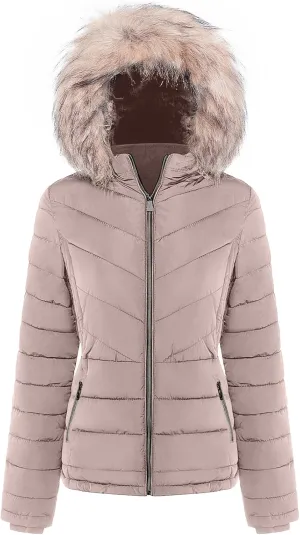 BodiLove Women's Belted Down Puffer Jacket with Faux Fur Trim Hood