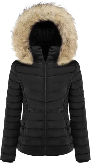 BodiLove Women's Belted Down Puffer Jacket with Faux Fur Trim Hood