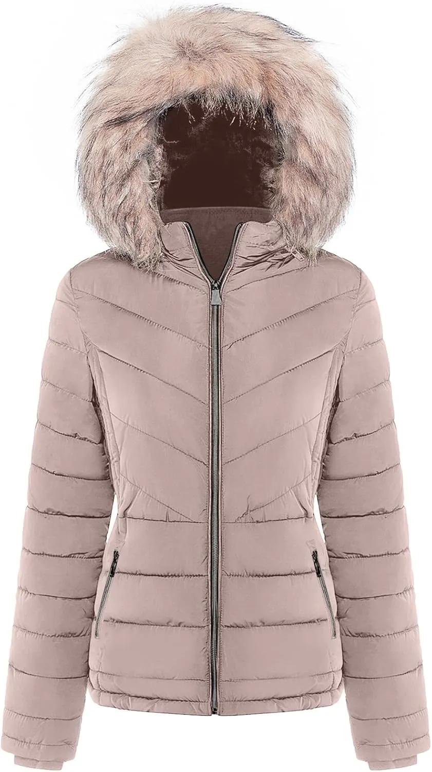 BodiLove Women's Belted Down Puffer Jacket with Faux Fur Trim Hood