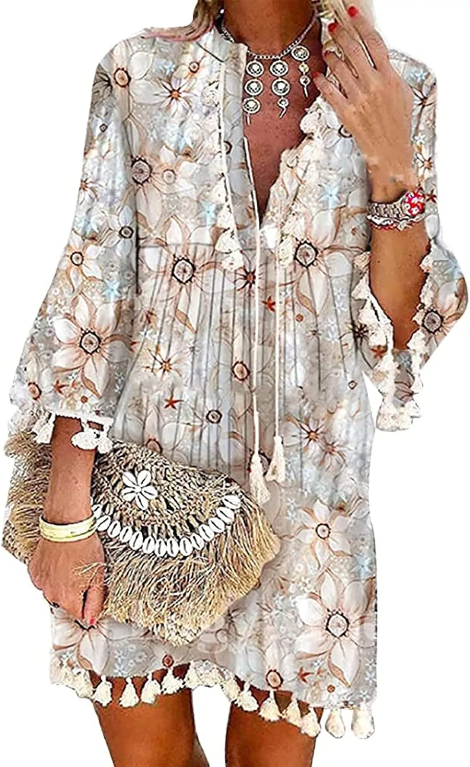 Boho Dresses for Women,2024 Summer Trendy Floral Print Beach Dress,Casual Loose V Neck 3/4 Sleeve Mini Vacation Dress