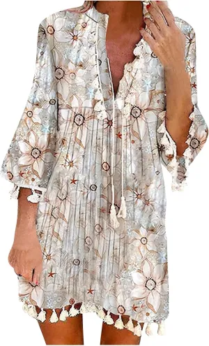 Boho Dresses for Women,2024 Summer Trendy Floral Print Beach Dress,Casual Loose V Neck 3/4 Sleeve Mini Vacation Dress