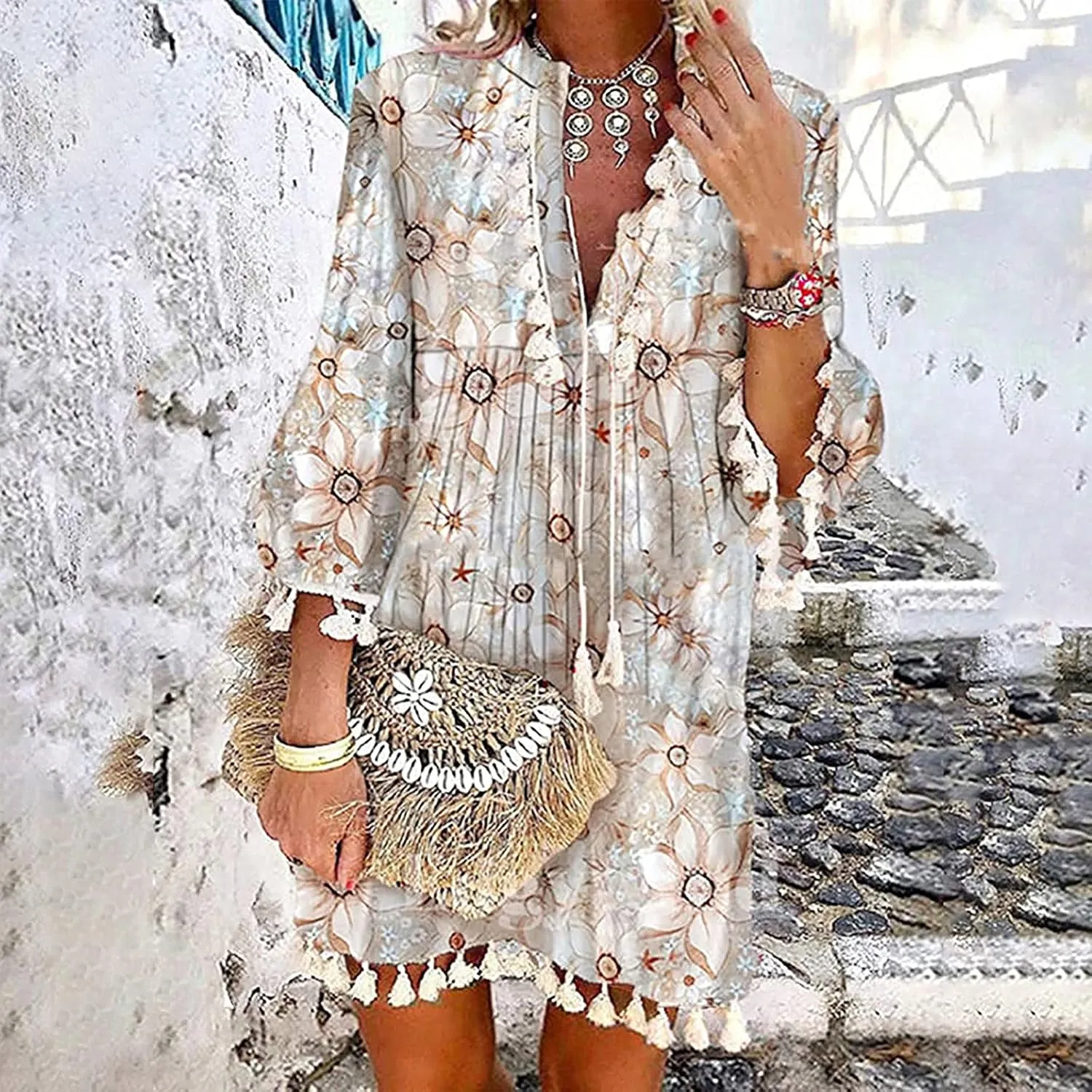 Boho Dresses for Women,2024 Summer Trendy Floral Print Beach Dress,Casual Loose V Neck 3/4 Sleeve Mini Vacation Dress