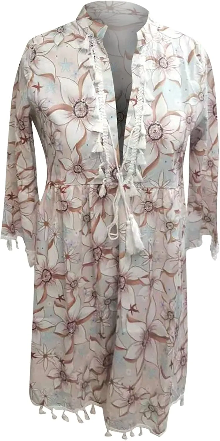 Boho Dresses for Women,2024 Summer Trendy Floral Print Beach Dress,Casual Loose V Neck 3/4 Sleeve Mini Vacation Dress