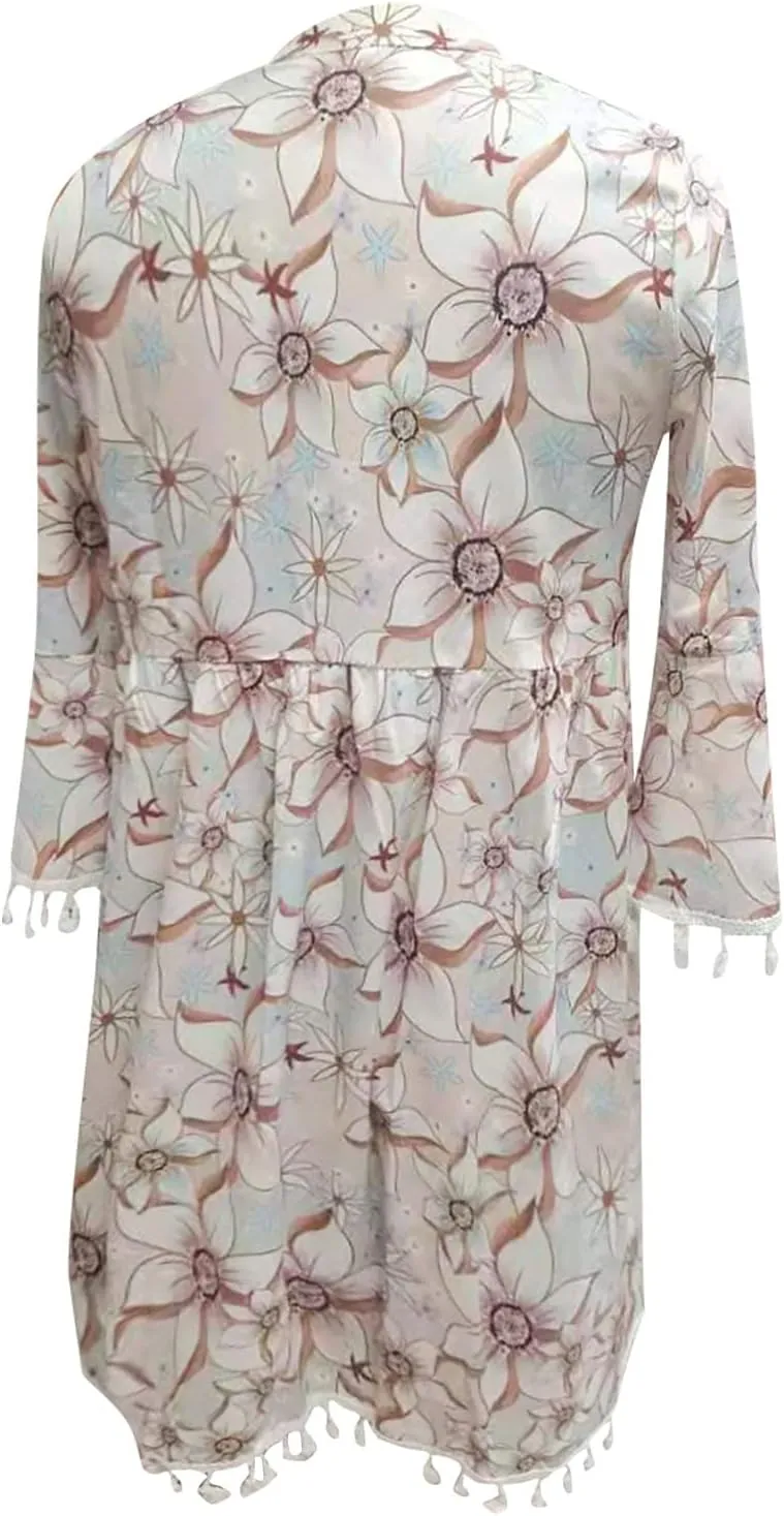 Boho Dresses for Women,2024 Summer Trendy Floral Print Beach Dress,Casual Loose V Neck 3/4 Sleeve Mini Vacation Dress
