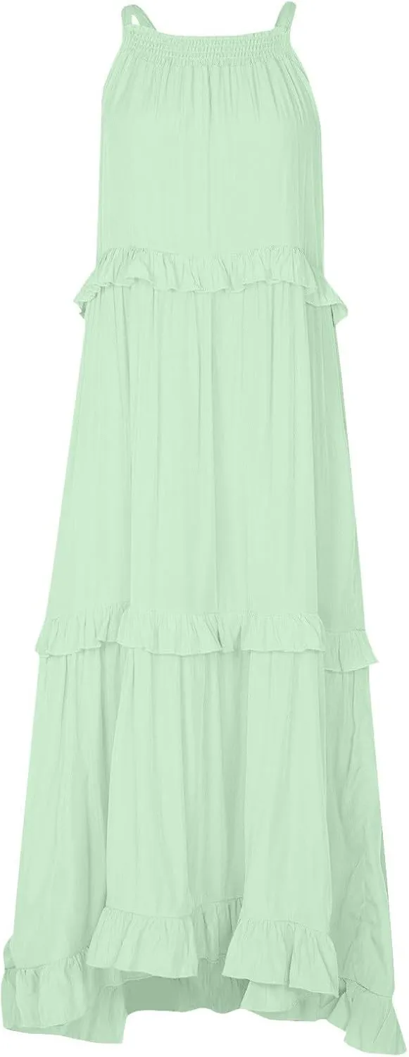 Boho Dresses for Women,2025 Summer Flowy Ruffle Tiered Swing Smocked Beach Sundress,Sleeveless Halter Maxi Dress