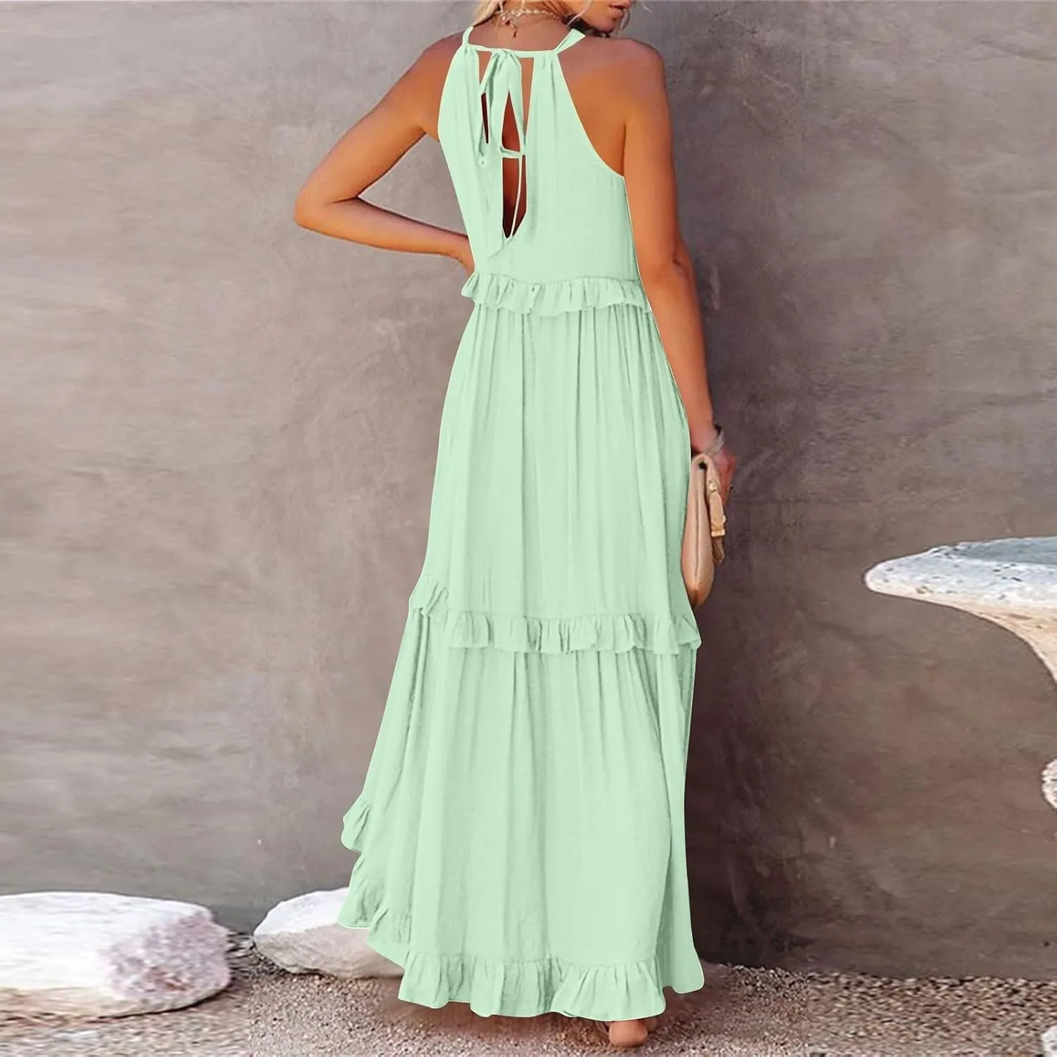 Boho Dresses for Women,2025 Summer Flowy Ruffle Tiered Swing Smocked Beach Sundress,Sleeveless Halter Maxi Dress