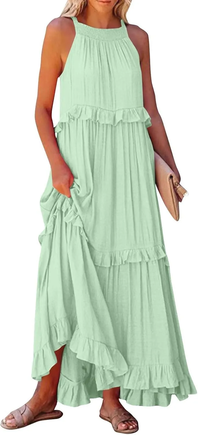 Boho Dresses for Women,2025 Summer Flowy Ruffle Tiered Swing Smocked Beach Sundress,Sleeveless Halter Maxi Dress