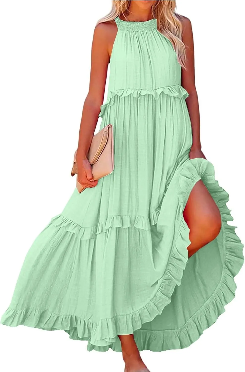 Boho Dresses for Women,2025 Summer Flowy Ruffle Tiered Swing Smocked Beach Sundress,Sleeveless Halter Maxi Dress