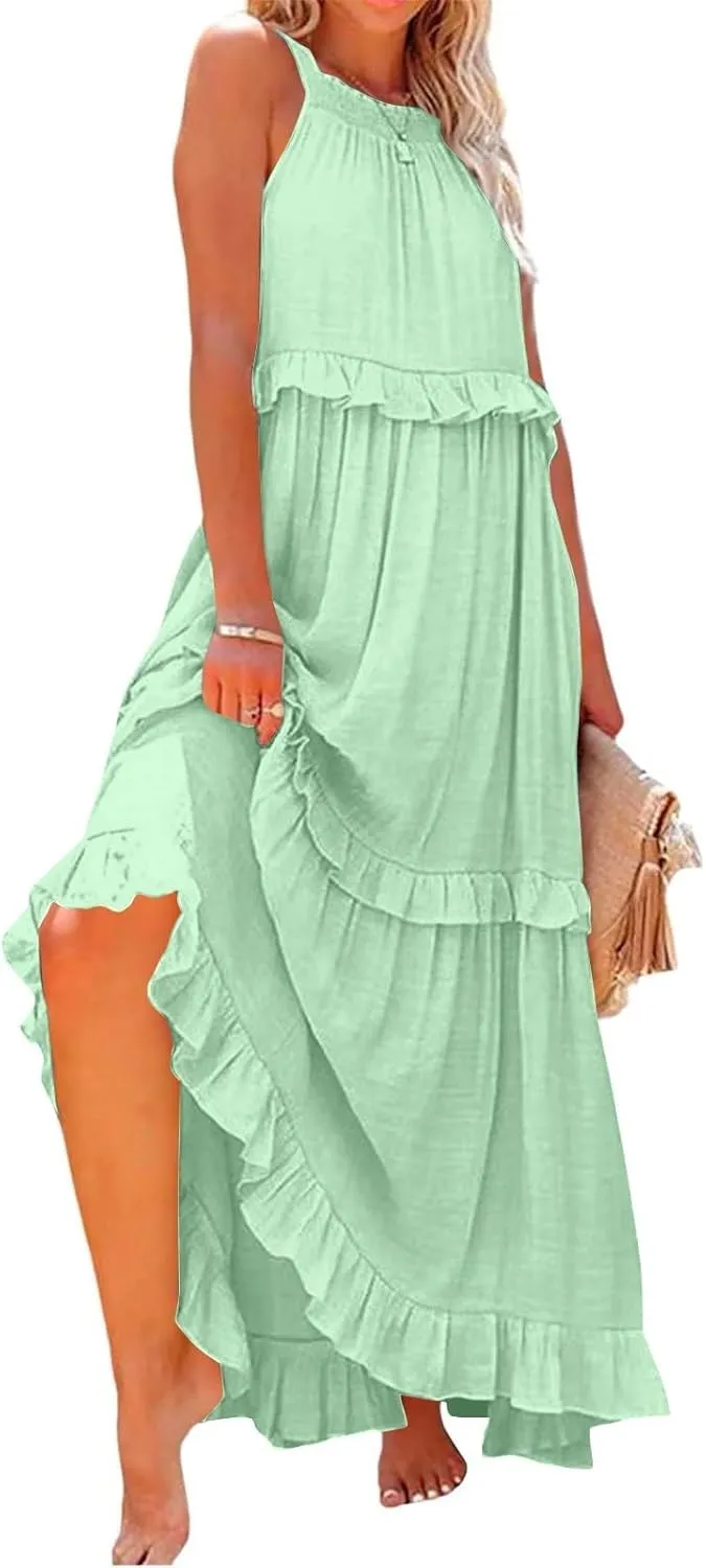 Boho Dresses for Women,2025 Summer Flowy Ruffle Tiered Swing Smocked Beach Sundress,Sleeveless Halter Maxi Dress