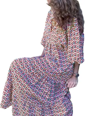 Boho Maxi Dresses for Women 2025 Casual Loose Fit Puff Sleeve Long Bohemian Dress Geometric V Neck Tiered Flowy Dress
