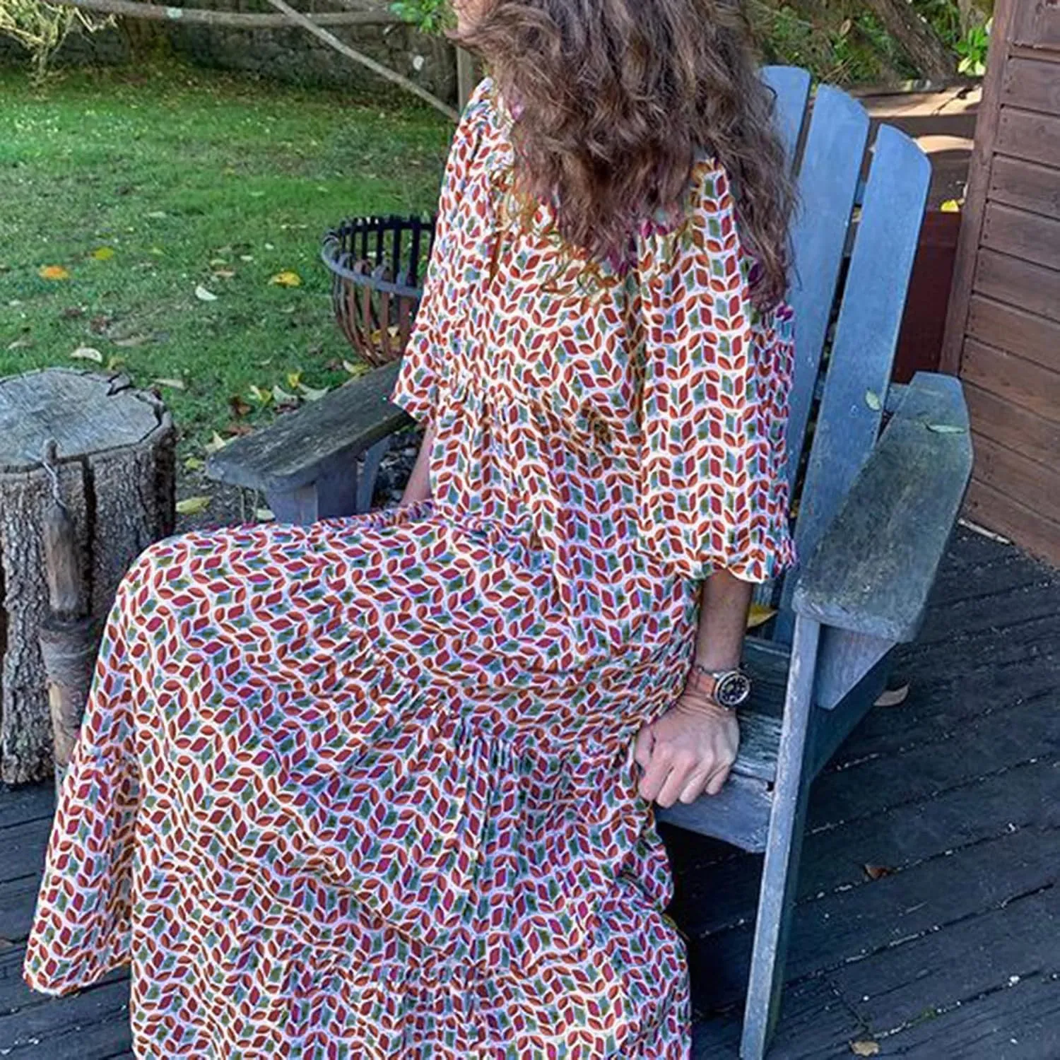 Boho Maxi Dresses for Women 2025 Casual Loose Fit Puff Sleeve Long Bohemian Dress Geometric V Neck Tiered Flowy Dress