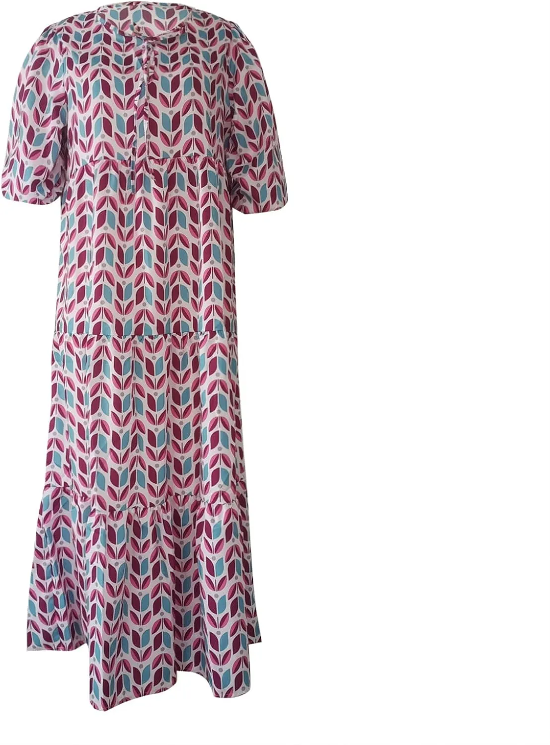 Boho Maxi Dresses for Women 2025 Casual Loose Fit Puff Sleeve Long Bohemian Dress Geometric V Neck Tiered Flowy Dress