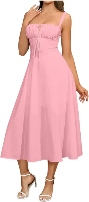 Boho Midi Corset Dress for Women Flowy Slit Lace Up Spaghetti Straps Square Neck Going Out A Line Bustier Dresses