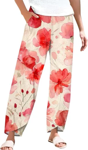 Boho Pants Women's Floral Print Linen Lounge Trousers High Waisted Wide Leg Summer Cropped Pants for Women Trendy Outfits Pink