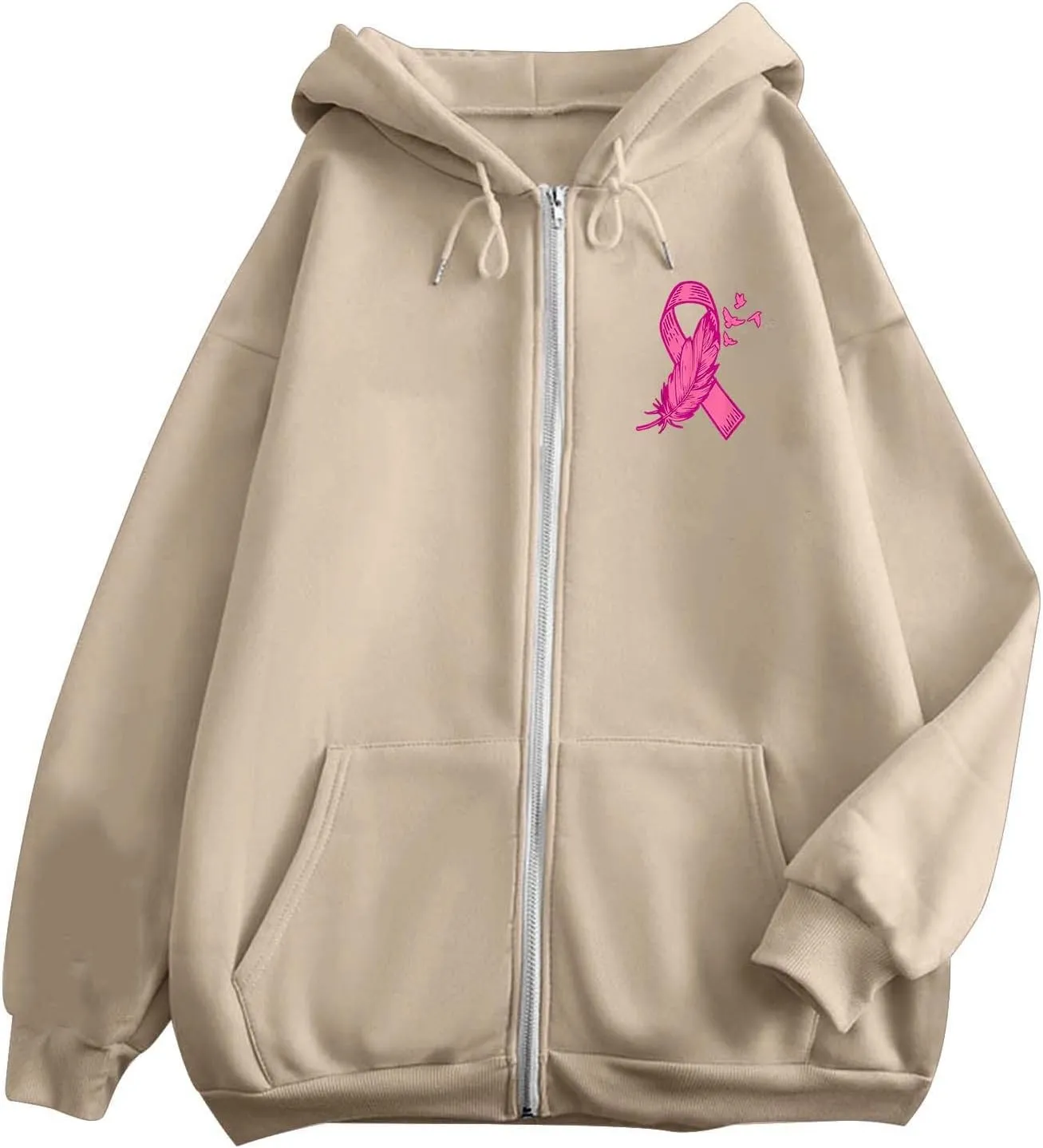 Breast Cancer Awareness Hoodies for Women Pink Ribbon Heart Graphic Sweatshirts Oversized Zip Up Hooded Tops
