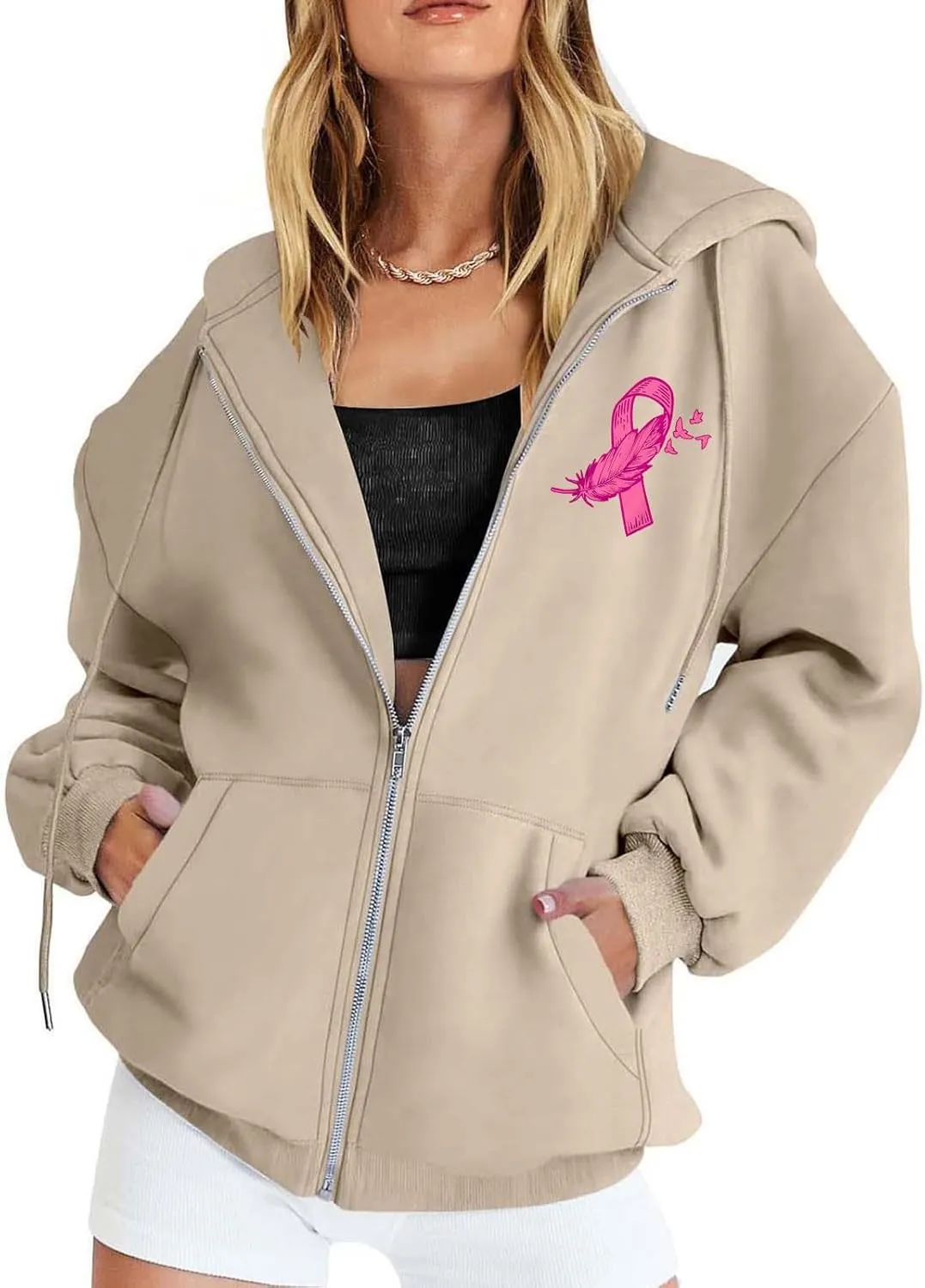 Breast Cancer Awareness Hoodies for Women Pink Ribbon Heart Graphic Sweatshirts Oversized Zip Up Hooded Tops