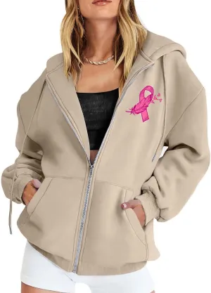 Breast Cancer Awareness Hoodies for Women Pink Ribbon Heart Graphic Sweatshirts Oversized Zip Up Hooded Tops